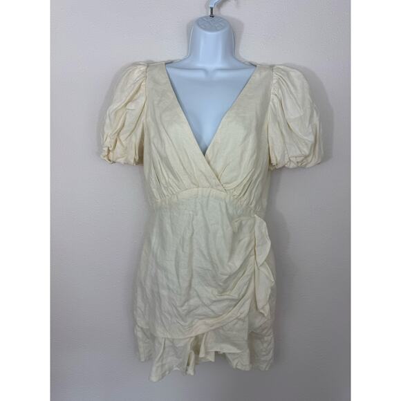 Bardot Puff Sleeve Linen Mini Dress Women’s Size 8 US Beige - Picture 1 of 7